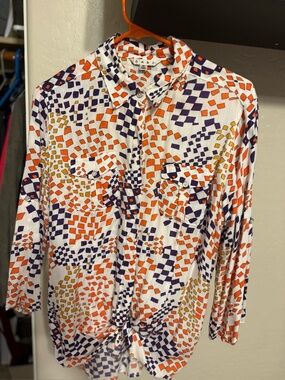 Cabi M Women’s White Geometric Print Button-Up Shirt - Orange, Purple & Gold